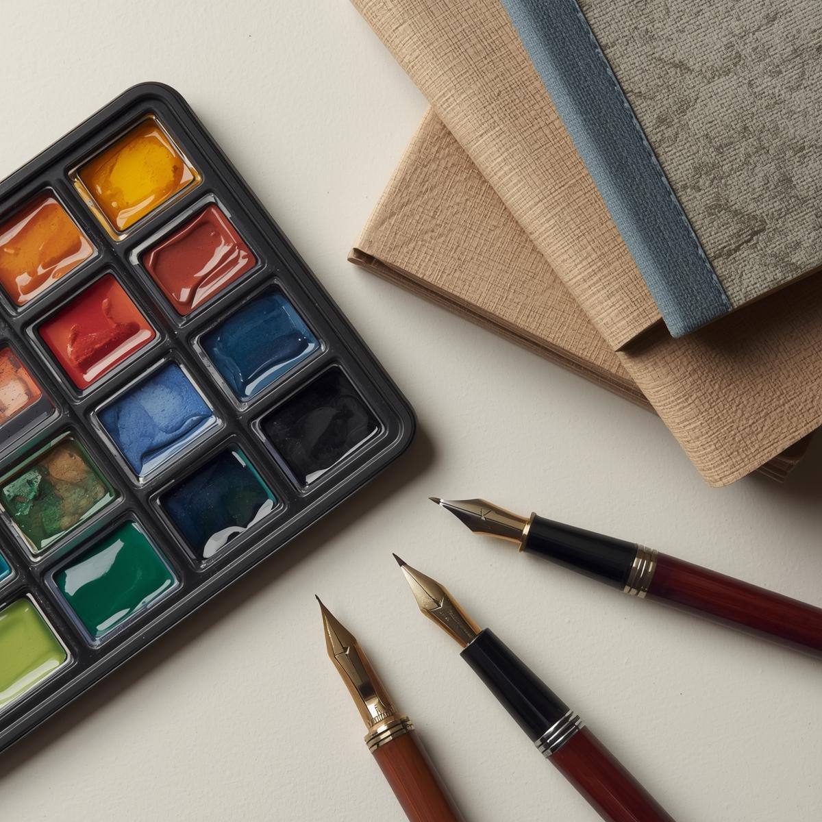 Premium stationery collection featuring notebooks, pens, and art supplies